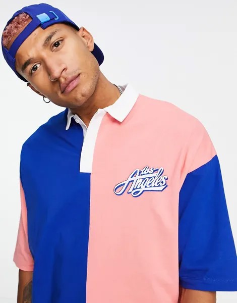 Oversized-футболка поло в стиле колор блок синего и розового цвета с принтом на груди ASOS DESIGN-Разноцветный