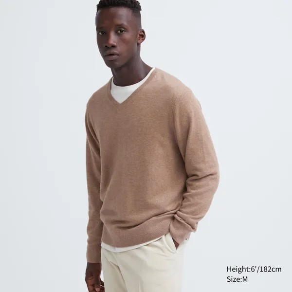 Джемпер из 100% кашемира с V-образным вырезом Uniqlo, коричневый