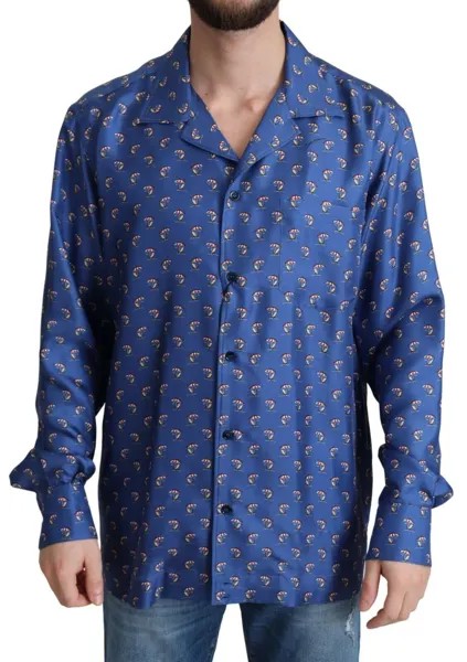 DOLCE - GABBANA Рубашка Синяя, пляжное кресло, зонтик, шелк, 39 / 15,5 долларов США / S 1400 долларов США