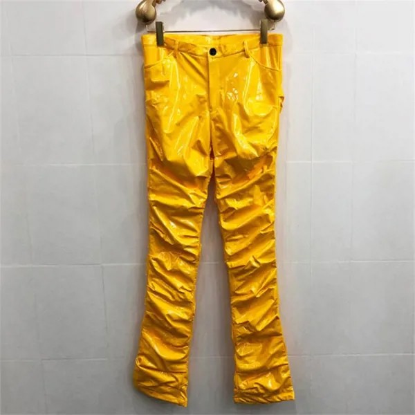 Новинка осенние мужские кожаные брюки женские зеркало тонкие складки расклешенные сексуальные костюмы для ночного клуба танцевальные модели дропшиппинг желтый синий