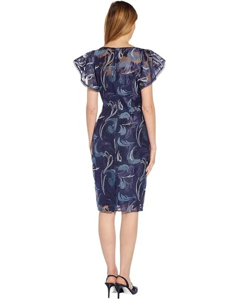 Платье Adrianna Papell Embroidered Sheath Dress with Flutter Sleeve Detail, цвет Navy Multi