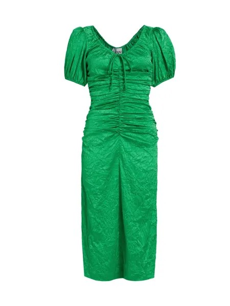 Платье миди из жатого атласа со сборками GANNI, зеленый