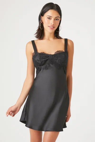 Атласное мини-платье-комбинация с кружевной отделкой Forever 21, черный