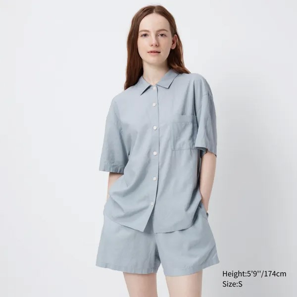 Пижама UNIQLO льняная с короткими рукавами, синий