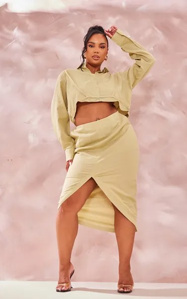 PrettyLittleThing Зеленая льняная юбка миди с разрезом спереди Plus Sage Green