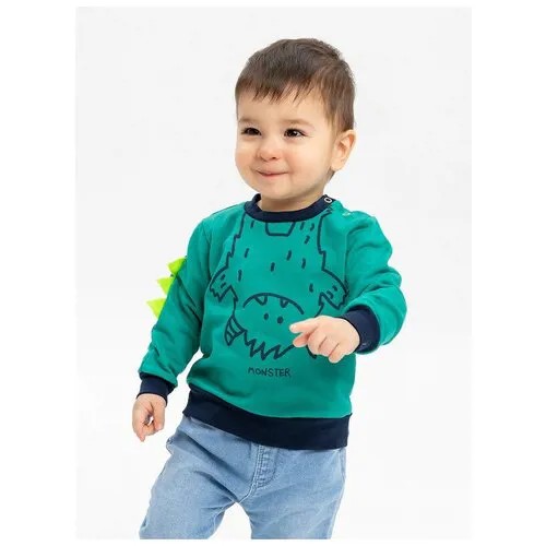 Свитшот KotMarKot детский, без капюшона, манжеты, без карманов, застежка на плече, утепленный, размер 80, зеленый