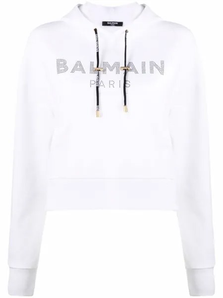 Balmain худи с логотипом и стразами, белый