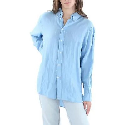 Polo Ralph Lauren Женская синяя льняная рубашка на пуговицах с воротником M BHFO 3959