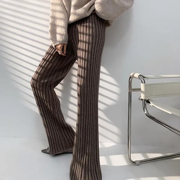 Повседневные толстые вязаные женские брюки эластичные высокие талии свободные женщины широкие ноги брюки длинные брюки 2021 осень зима полосатый панталон