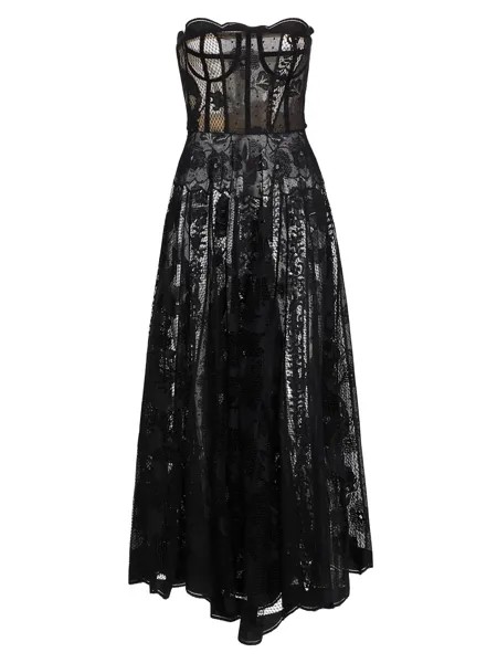 Кружевное платье без бретелек с цветочным принтом Oscar de la Renta, черный