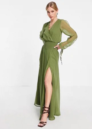 Присборенное платье макси цвета хаки с заниженной талией ASOS DESIGN-Зеленый цвет