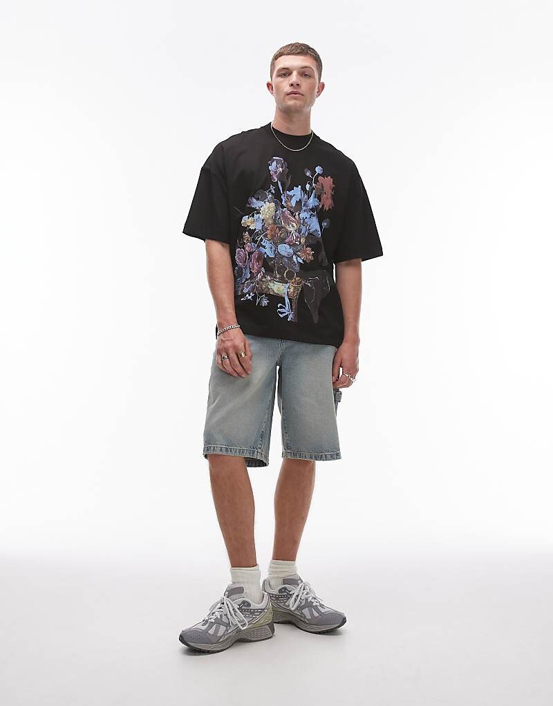 Topman x Ashmolean – черная футболка экстремального размера oversize с цветочным принтом