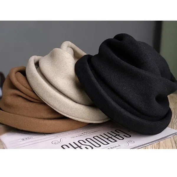 Удобная и теплая осенне-зимняя шапка, Женская японская шерстяная плотная шляпа рыбака, плиссированная шляпа с маленькими полями