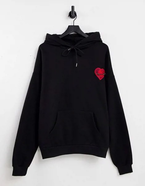 Черный oversized-худи с принтом сердца и булавкой Sixth June
