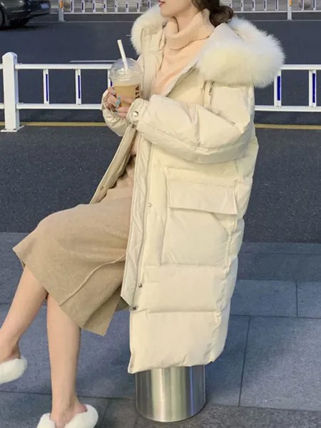 Milanoo Puffer Coats For Women White Fur Collar Wind Proof Long Sleeves Outerwear