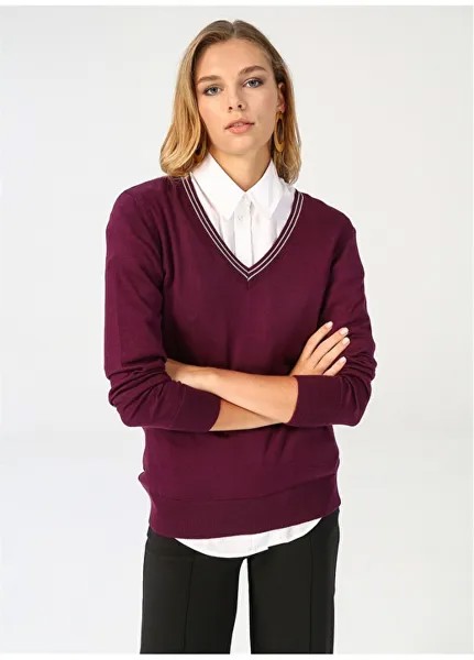Однотонный сливовый женский свитер с V-образным вырезом People By Fabrika