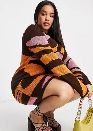 Трикотажное платье мини с открытым воротником и витым узором ASOS DESIGN Curve-Разноцветный