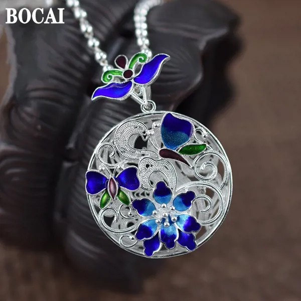 Женское ожерелье ручной работы BOCAI, серебро 100% пробы, аксессуар из перегородчатой филигранной бабочки лотоса, цепочки на свитер, 990