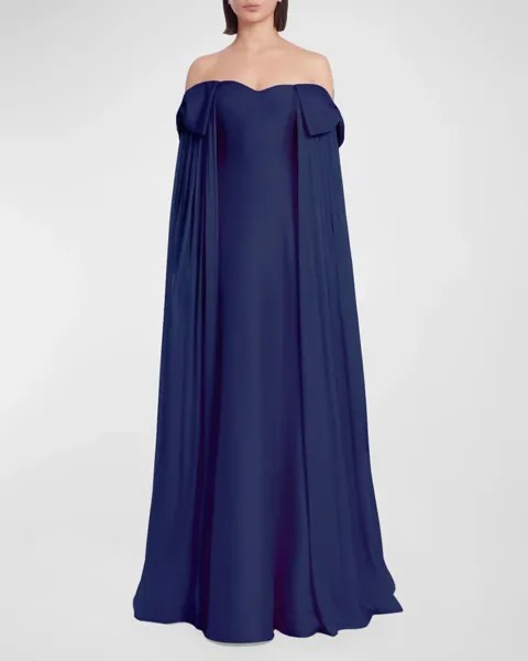 Платье-кейп с открытыми плечами и бантом Badgley Mischka Collection, цвет Navy