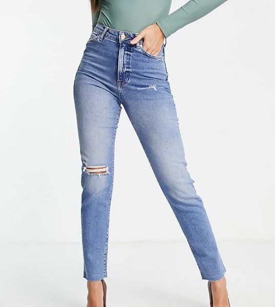 Голубые выбеленные джинсы в винтажном стиле с завышенной талией и рваной отделкой на колене New Look Tall-Голубой