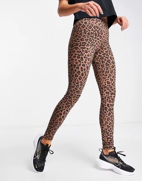 Коричневые леггинсы с блестящим леопардовым принтом Nike Training One-Коричневый цвет