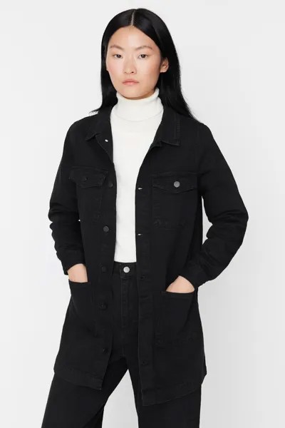 Джинсовая куртка из 100% хлопка с двойными карманами антрацитового цвета Trendyol Modest, черный