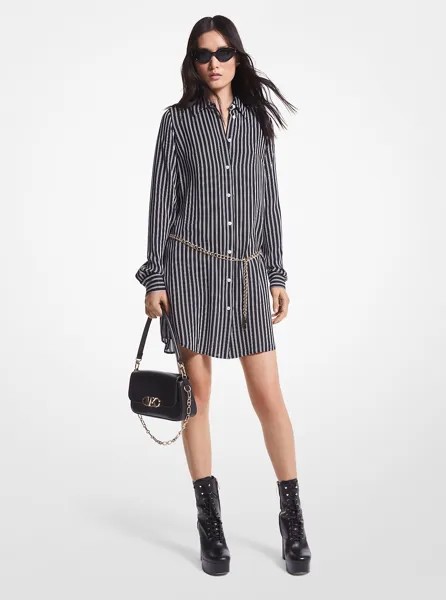 Полосатое платье-рубашка с поясом из жоржетта Michael Kors, черный