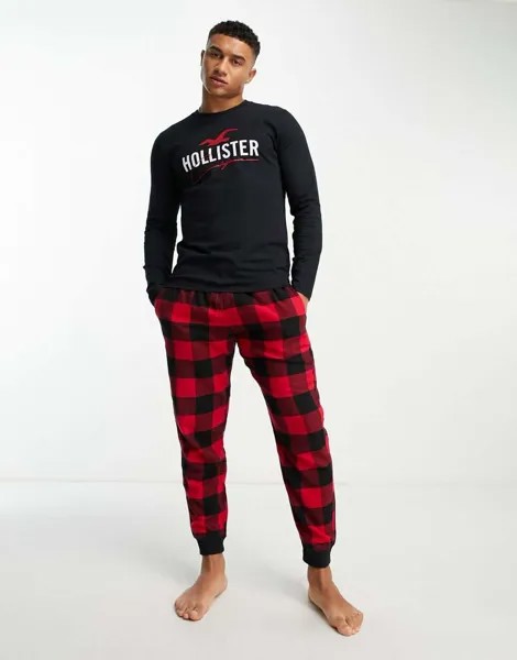 Красно-черный комплект для отдыха Hollister: фланелевые джоггеры в клетку и топ с длинными рукавами с логотипом