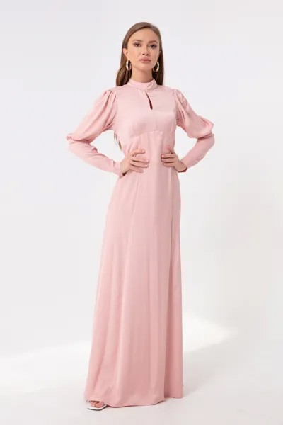 Женское пудровое длинное атласное платье с воротником-стойкой Lafaba, розовый