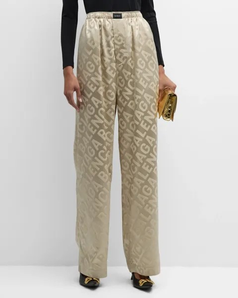 Большие пижамные брюки с логотипом по всей поверхности Balenciaga, цвет 9710 Light Beige
