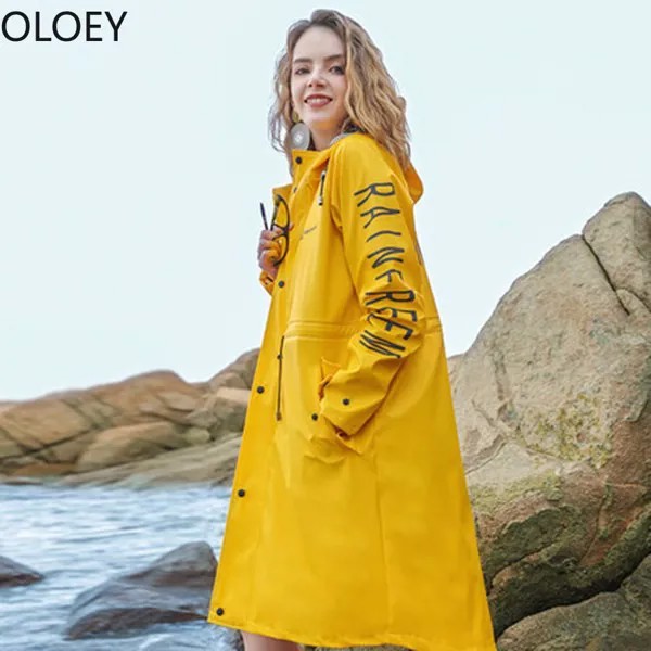Желтый Дождевик-пончо, водонепроницаемый дождевик с капюшоном и карманами, легкая куртка на молнии с капюшоном, ветровка, дождевик, Женский однотонный