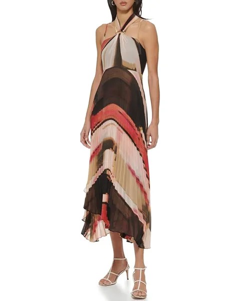 Платье DKNY Sleeveless Print Chiffon Pleated Halter, цвет Amalfi Pink/Pristine Multi