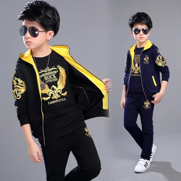 3pcs Set Boys Одежда Установить капюшоном Вест Куртка футболка Пант Детский спортивный костюм 3-12Years старый