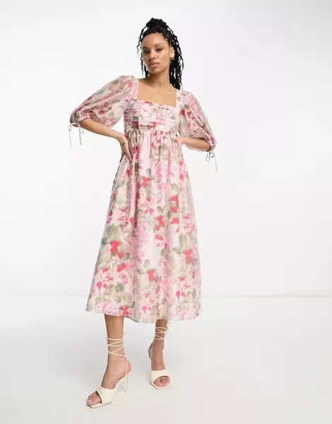 Розовое объемное платье миди со сборками & Other Stories