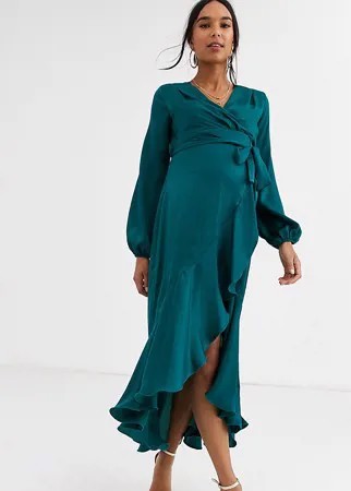 Зеленое атласное платье миди с запахом Flounce London Maternity-Зеленый