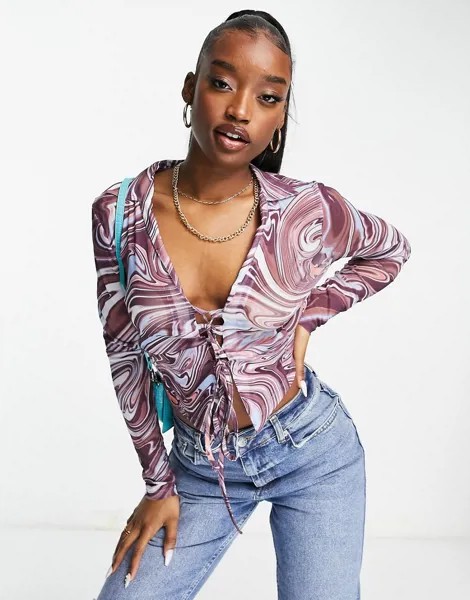 Рубашка со шнуровкой и мраморным принтом фиолетового цвета ASOS DESIGN Hourglass-Фиолетовый цвет