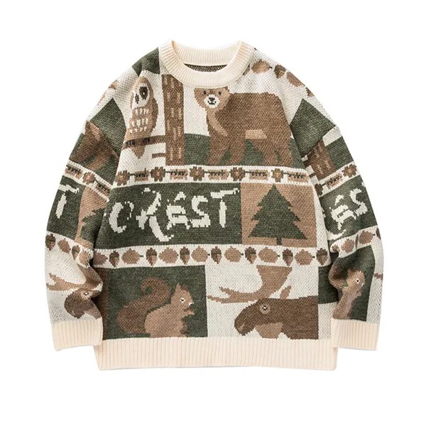 Новинка 2021, рождественский джемпер, корейский вязаный свитер цвета хаки, с рисунком медведя, с длинным рукавом, большие парные повседневные ...