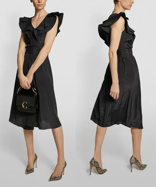 НОВОЕ Черное платье миди с поясом и рюшами ISABEL MARANT ÉTOILE, 34F, 2US XS