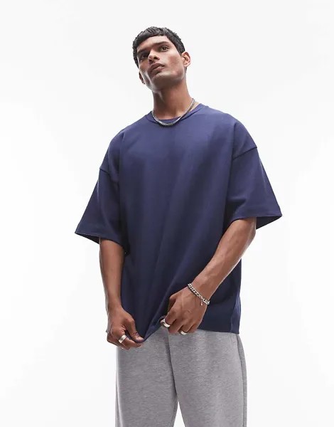 Удобная футболка Topman, темно-синяя, средней длины с рукавами, плотностью 300 г/м²