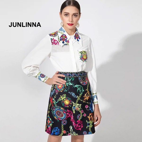Женский элегантный комплект из двух предметов JUNLINNA, рубашка с бисером и стразами и юбка с принтом, модные комплекты одежды из двух предметов