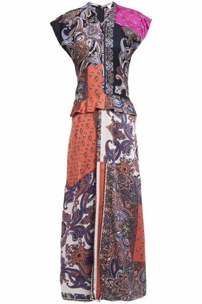 Платье макси с баской из атласного твила с принтом в стиле пэчворк Chloé, темно-синий