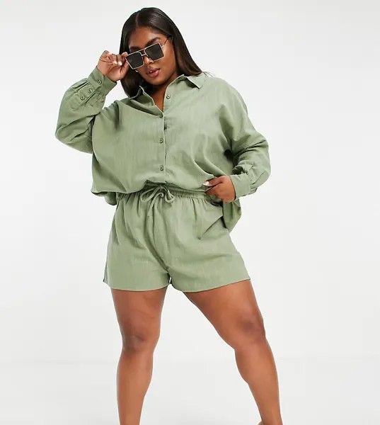 Пляжная рубашка из фактурной ткани цвета хаки на пуговицах ASOS DESIGN Curve-Зеленый цвет