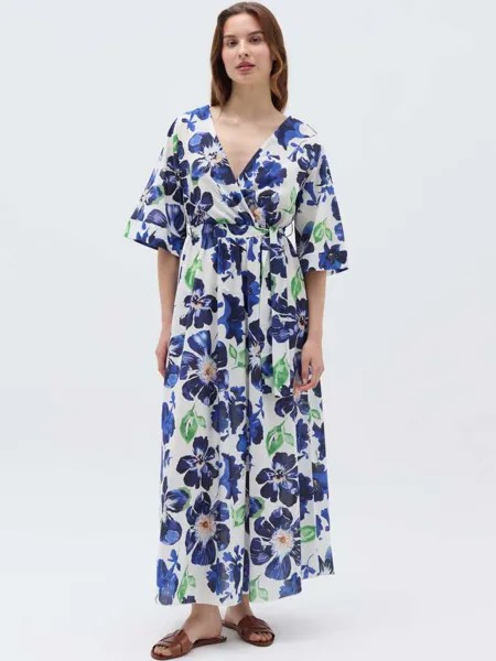Длинное платье с цветочным узором и поясом Hybrid, цвет white/blue