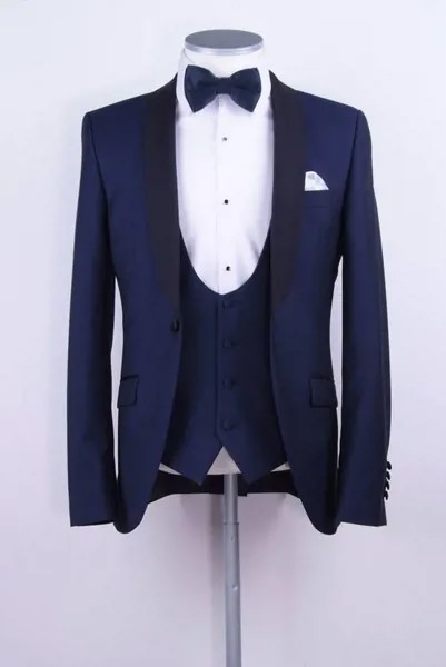 Slim Fit темно-синие мужские свадебные костюмы шаль лацкан формальный смокинг жених Лучший человек Вечеринка Выпускной костюм Homme Mariage