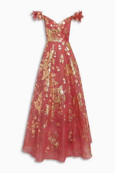 Платье из органзы с открытыми плечами и цветочным принтом MARCHESA NOTTE, коралловый