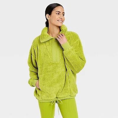 Женский флисовый пуловер с высоким ворсом и молнией 1/2 — JoyLab Green S