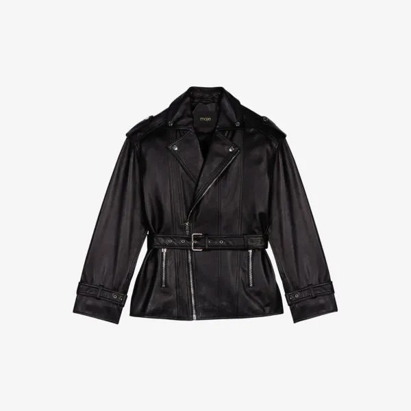 Кожаная куртка belfa на молнии с поясом и поясом Maje, цвет noir / gris