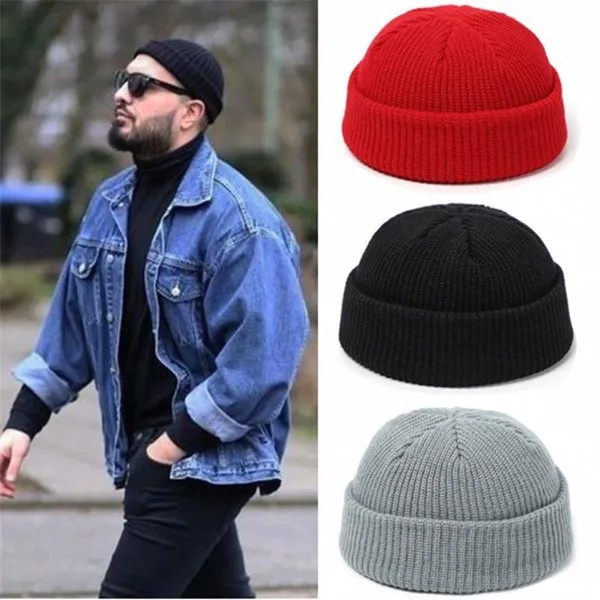Моряк рыбаков Зимняя Beanie Шляпа Ребристая вязаная дыня Cap Твердые Skullcap Baggy Ретро Лыжная шляпа