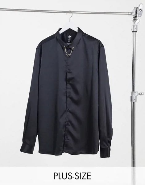 Атласная рубашка скинни черного цвета с цепочкой на воротнике Twisted Tailor PLUS-Черный