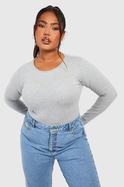 Боди из хлопка с круглым вырезом и длинными рукавами Boohoo, серый